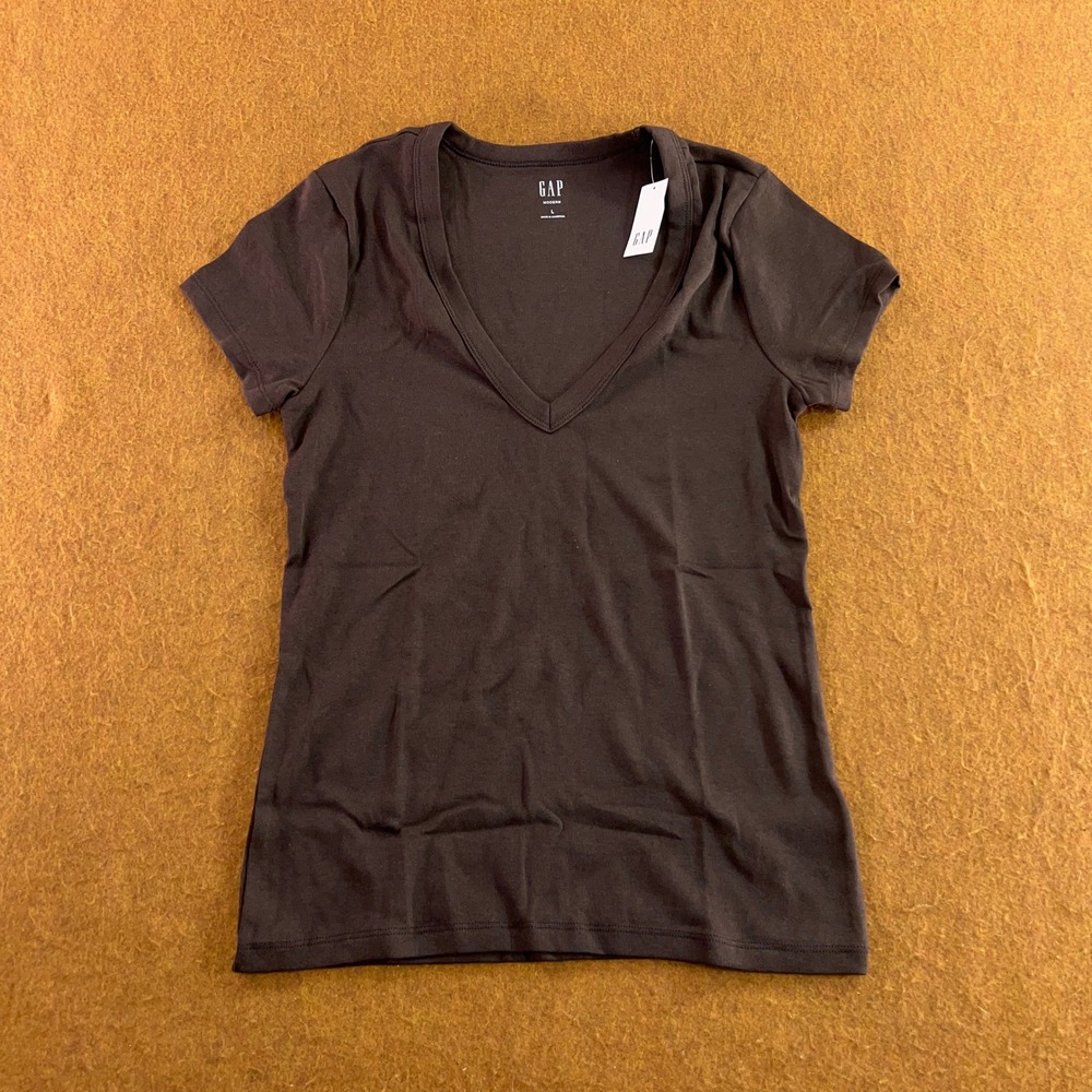 Gap Womens Large Brown Modern V-Neck Stretch Short Sleeve T-Shirt New